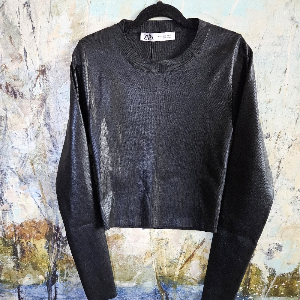 NWT ZARA Black Foil Print Knit Metallic Cropped Long Sleeve Top W's Sz S